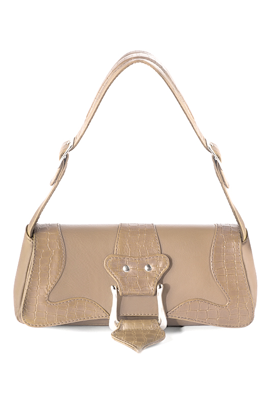 Small dressy baguette bag in tan beige leather - Top view